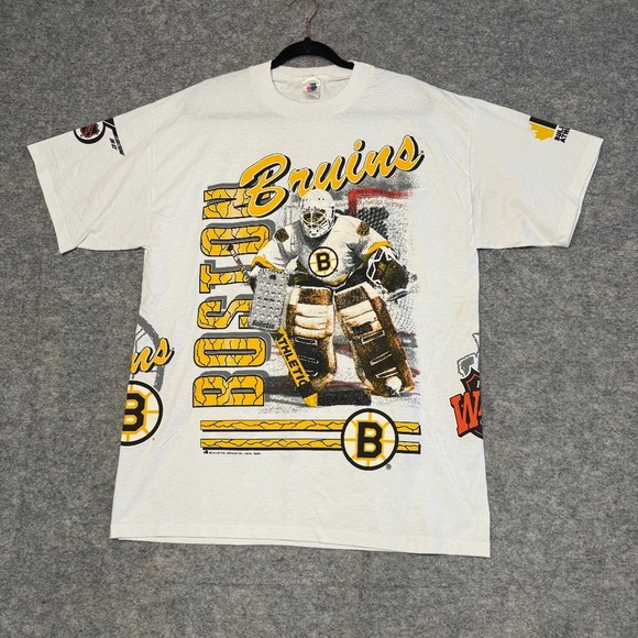 Vintage Boston Bruins NHL Hockey Goalie Graphic Men's T-Shirt White One Size - Picture 12 of 14